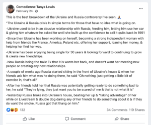 Tanya Lewis Facebook post about Russia and Ukraine