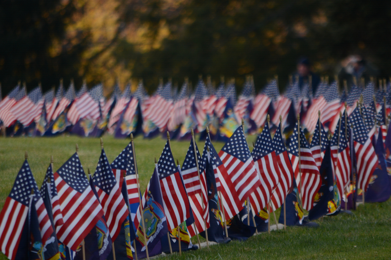 Small American flags displayed at Gettysburg National Battlefield Park for Memorial Day