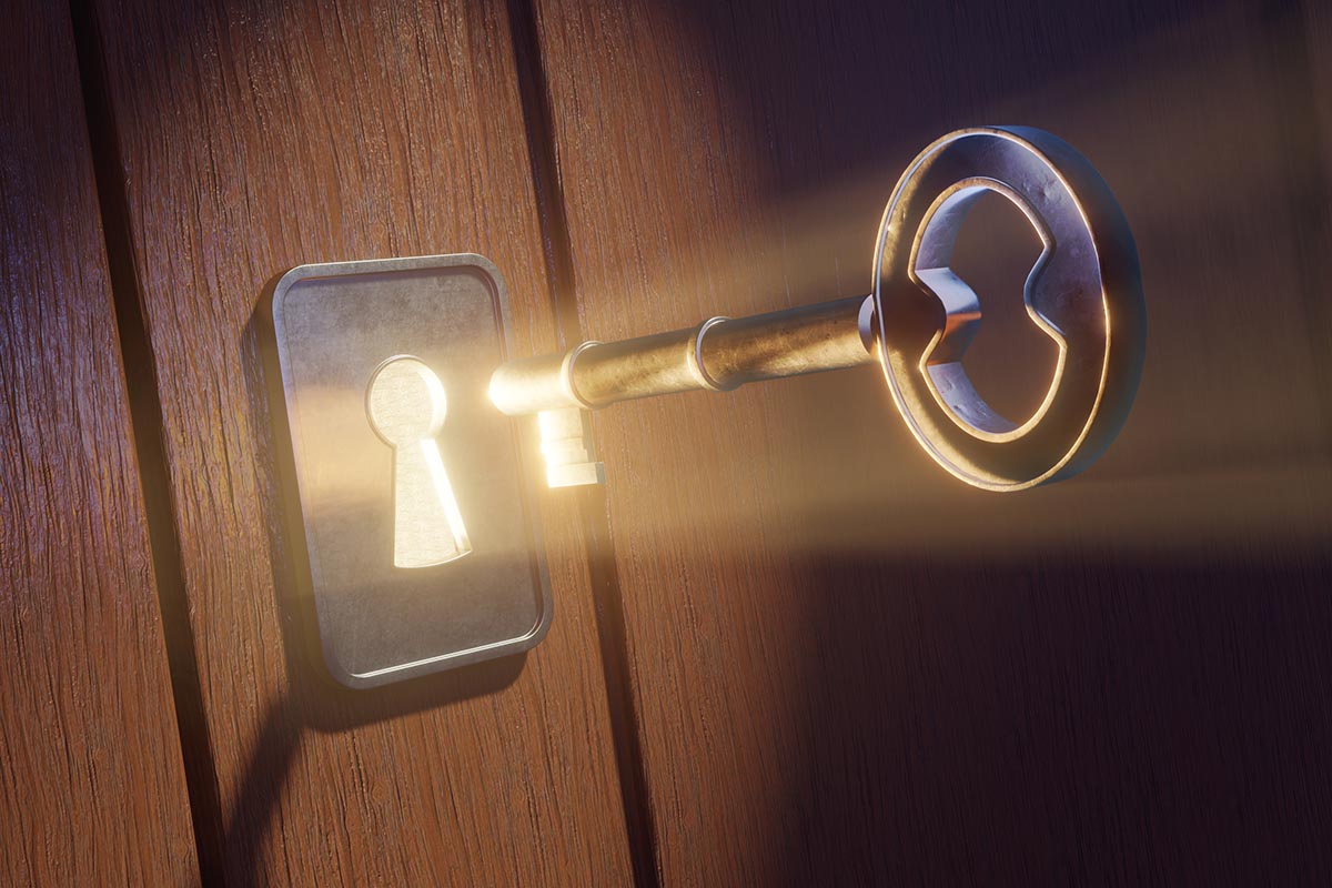 Key entering door keyhole_unlocking potential