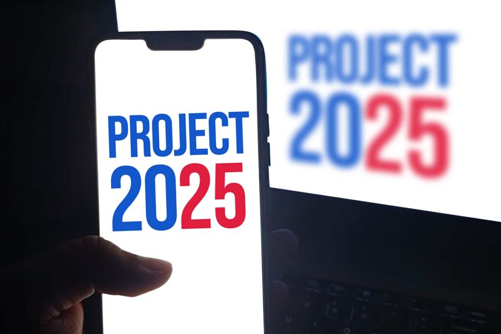 Project 2025 political concept background with typography on mobile in patriotic colors.